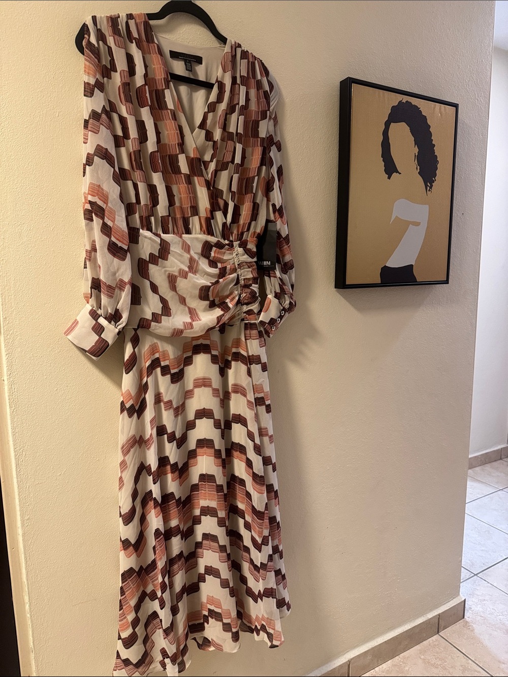 White House Black Market Cream Dress with Brown & Rust Geometric Print